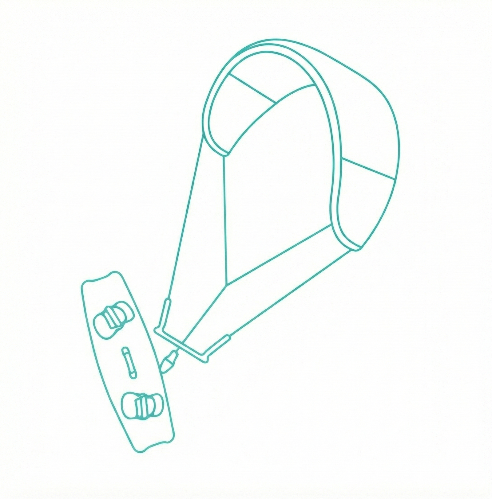 Minimalist turquoise line art illustration showing a twin-tip kitesurfing board and a kite separated on a white background.